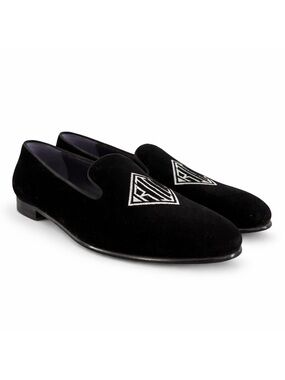 Ralph Lauren Purple Label Alonzo Monogram Bullion Black Velvet Slippers‎